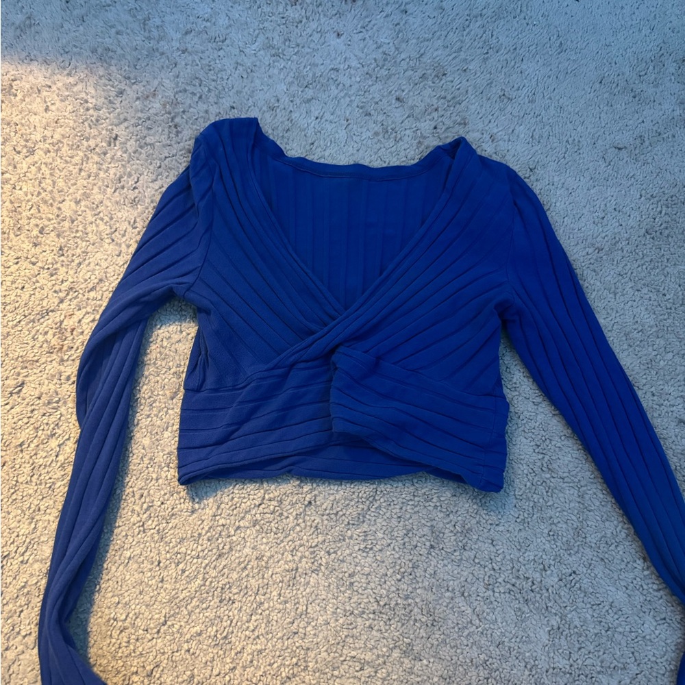 SHEIN Blue Ribbed Long Sleeve Tie Front Blouse